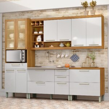 Cozinha Modulada 5 Peças Burguesa Premium Nesher 100% Mdf Espresso Móveis Amadeirado Freijó/branco
